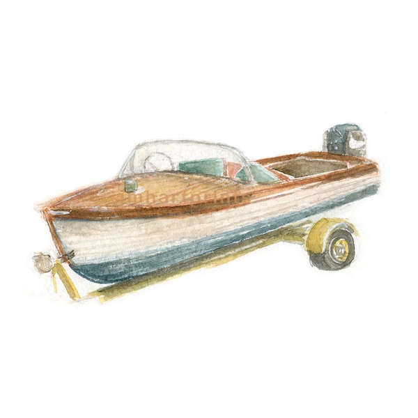 Watercolor Runabout, Retro Runabout Print, Vintage Runabout Print, Wooden Boat Print