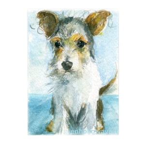May include: Watercolor painting of a terrier-mix dog with brown and tan ears, a white and gray face, and a fluffy coat. The dog is sitting against a light blue background. The artist's signature is in the bottom right corner.