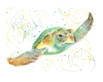 Watercolor Sea Turtle, Sea Turtle Print, Green Seat Turtle Print
