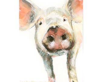 Watercolor Pig, Pink Ear Piggy Print, Pig Print, Piggy Print, Pig Art, Pig Painting