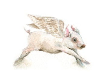 Watercolor Flying Pig, Flying Pig Print, Winged Pig Print