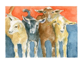 Watercolor Goats, Goats Print, Goat Art, Goat Painting, Goats, Farm Animals