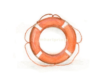 May include: A watercolor painting of an orange and white life preserver with a rope.
