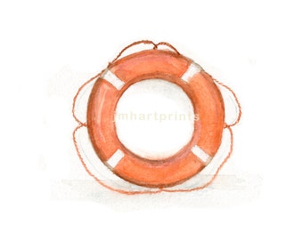 Watercolor Life Ring, Life Ring Print, Orange Life Ring Print