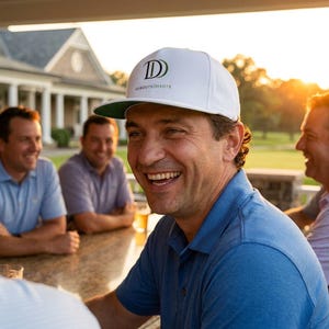 May include: White baseball cap with a green brim featuring the text "Dugouts/Divots" and a stylized "D" logo. The cap is worn by a person wearing a blue polo shirt, with other people in the background.