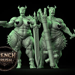 Könnte beinhalten: Zwei grün getönte Fantasy-Figuren mit muskulösem Körperbau, Hörnern und herzförmigen Akzenten auf der Brust. Eine hält ein Tablett, die andere eine Waffe. Ein Schwert und eine große Waffe sind zwischen ihnen positioniert. Das Trench Brush-Logo befindet sich unten.