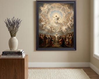 May include: A framed religious painting depicting a scene of ascension with a central figure surrounded by clouds and angels, positioned above a stack of books and a white vase filled with dried lavender on a wooden pedestal.