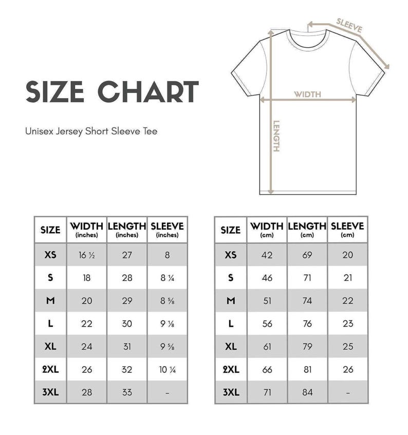 a size chart for a short sleeve t-shirt, including measurements for different sizes such as XS, S, M, L, XL, and 3XL.