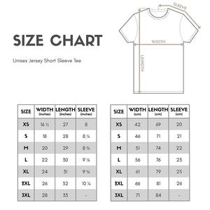 The image is a size chart for a unisex jersey short sleeve tee. It includes measurements for different sizes, such as XS, S, M, L, XL, and 3XL, along with corresponding widths in inches and centimeters.