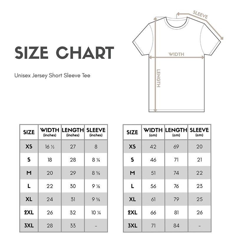 The image is a size chart for a unisex jersey short sleeve tee. It includes measurements for different sizes, such as XS, S, M, L, XL, and 3XL, along with corresponding widths in inches and centimeters.