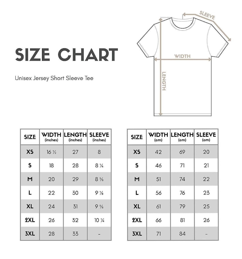 a size chart for a short sleeve t-shirt, including measurements for different sizes such as XS, S, M, L, XL, and 3XL.