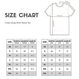 a size chart for a short sleeve t-shirt, including measurements for different sizes such as XS, S, M, L, XL, and 3XL.