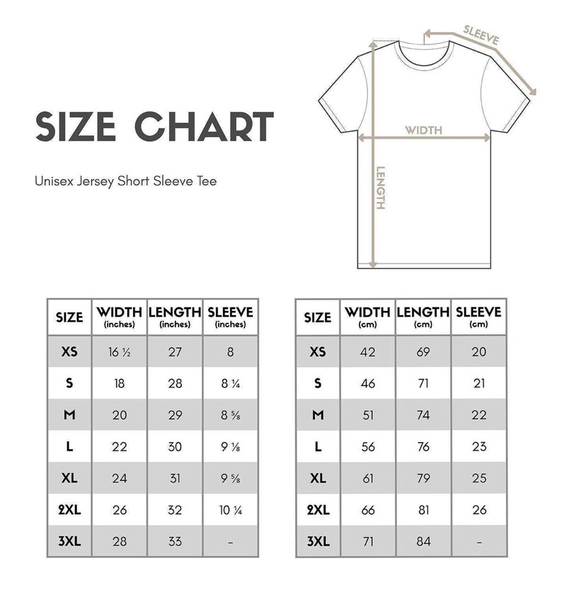 a size chart for a short sleeve t-shirt, including measurements for different sizes such as XS, S, M, L, XL, and 3XL.