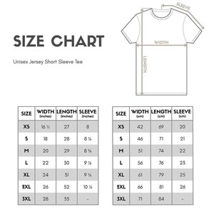 a size chart for a short sleeve t-shirt, including measurements for different sizes such as XS, S, M, L, XL, and 3XL.