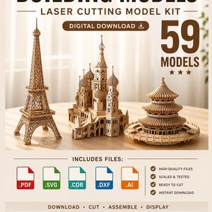 Op de afbeelding: Architecturale bouwmodellen lasersnij-modelkit met 59 modellen. Bevat digitale bestanden in PDF, SVG, CDR, DXF en AI-formaten. Toont afbeeldingen van de Eiffeltoren, de Basiliuskathedraal en de Tempel van de Hemel als geassembleerde modellen.