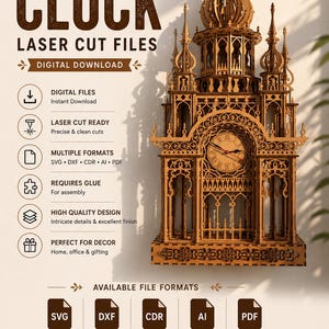 May include: A brown laser-cut wooden clock design featuring intricate architectural details and a central clock face with Roman numerals. The image includes text labels such as CLOCK LASER CUT FILES, DIGITAL DOWNLOAD, and various file format icons.