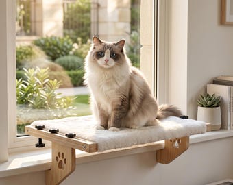 Percha de madera para gatos para ventana / Cama colgante para gatos sin ventosas / Hamaca para alféizar de ventana / Estante para gatos con forma de huella de pata / Muebles de madera para gatos