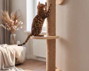 Rascador de pared para gatos / Rascador alto de madera de sisal con estante / Árbol trepador de interior para gatos / Muebles modernos de madera para gatos
