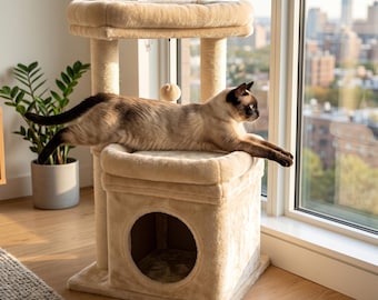 Kompakter Kratzbaum mit gemütlicher Wohnung | Sisal Kratzbaum Turm | Plüschkatze Fensterbarsch