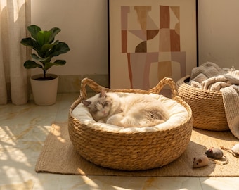 Panier de lit tissé pour chat | Chaise longue bohème en rotin pour animal de compagnie avec coussin en coton