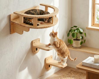 猫用壁掛け家具セット｜階段付き木製猫用クライミングウォール