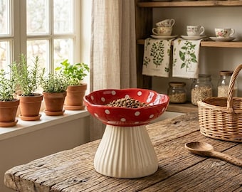 Kattenbak met paddenstoelen | Verhoogde keramische huisdierenschaal | Cottagecore huisdierdecoratie | Verhoogde voer- en waterbak voor katten | Schattige bakkebaardvriendelijke kom