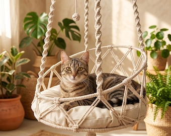 Macramé kattenhangmat | Boho hangend kattenbed met kussen, schommel bij raam