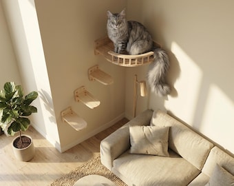 Corner Cat Shelf Set | Wall Mounted Floating Cat Steps & Perch | Wooden Cat Furniture | Indoor Climbing Wall Tree | Modern Pet Bed