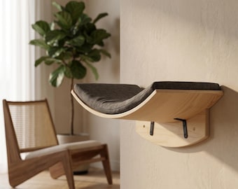 Cama flotante curva para gatos / Estante de pared para gatos / Muebles modernos de pared para gatos / Percha ergonómica de pared para gatos / Estantes de madera para gatos de pared