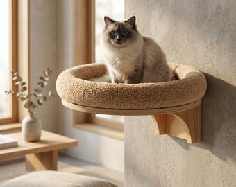 Wall Mounted Cat Bed | Floating Wooden Cat Shelf with Plush Cushion