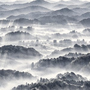 以下が含まれることがあります： 濃い朝霧に部分的に覆われた、起伏のある山々の層を捉えたモノクロの風景写真。霧の間から差し込む太陽の光が、木々に覆われた斜面を照らし出し、コントラストの強い光景を作り出している。