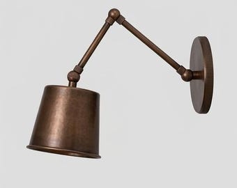 Antique Brass Articulating Wall Sconce, Swing Arm Bedside Lamp, Hammered Metal Wall Light Fixture, Mid Century Industrial Decor