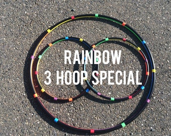 RAINBOW Lot Of 3 Hula HOOPS - 1 Collapsible or Push Button Body Hoop & 2 Mini Arm Hoops rainbow colorful poi