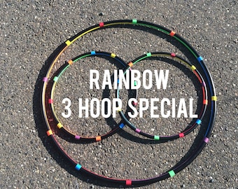 RAINBOW Lot Of 3 Hula HOOPS - 1 Collapsible or Push Button Body Hoop & 2 Mini Arm Hoops rainbow colorful poi