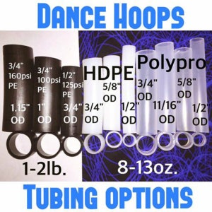 May include: Close-up of black and white plastic tubing for dance hoops. The tubing is labeled with different sizes and materials, including 3/4 inch, 1 inch, 1.15 inch, 1/2 inch, 5/8 inch, and 11/16 inch. The tubing is also labeled with the materials HDPE and Polypro. The text "DANCE HOOPS" is at the top of the image. The text "TUBING OPTIONS" is at the bottom of the image. The text "1-2lb." is below the black tubing and the text "8-13oz." is below the white tubing.