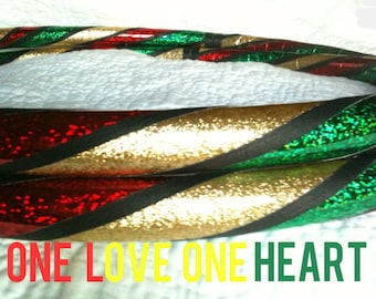 Aro de hula hula One Love Dance & Exercise PLEGABLE o con botón pulsador - rasta brillo rojo dorado verde