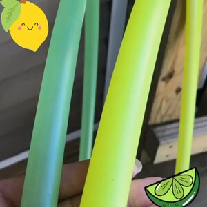 May include: Two plastic hula hoops, one green and one yellow, are shown side-by-side. The hoops are both slightly translucent.
