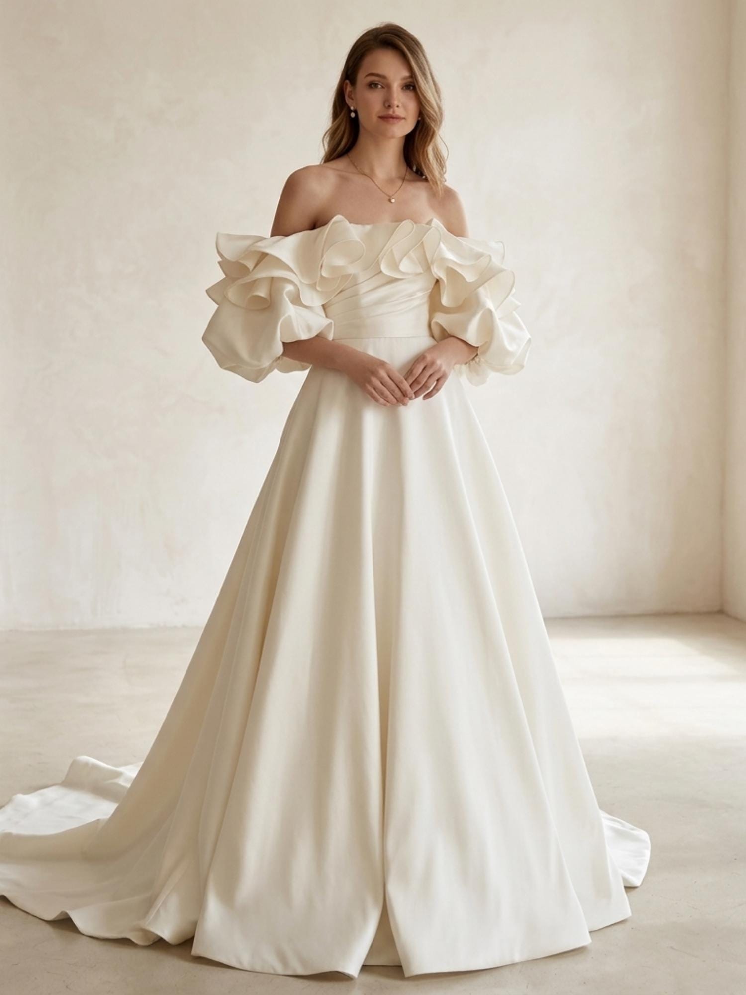 Romantic Satin A Line Wedding Dress Off Shoulder Pleated