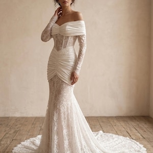 Vestido de novia de encaje estilo sirena, hombros descubiertos, manga larga, plisado, elegante vestido de novia, hecho a medida, 2026