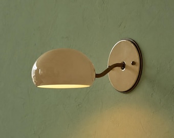 Modern Brass Wall Sconce White Dome Shade, Minimalist Bedside Wall Lamp, Mid Century Lighting Fixture, Warm Ambient Light