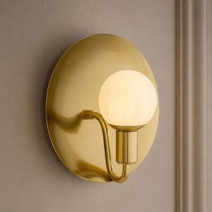 Mid-Century Modern Gooseneck Style Wall Sconce | Brass Curved Disc White Glass Globe Diffuser | Italian Wall Fixture