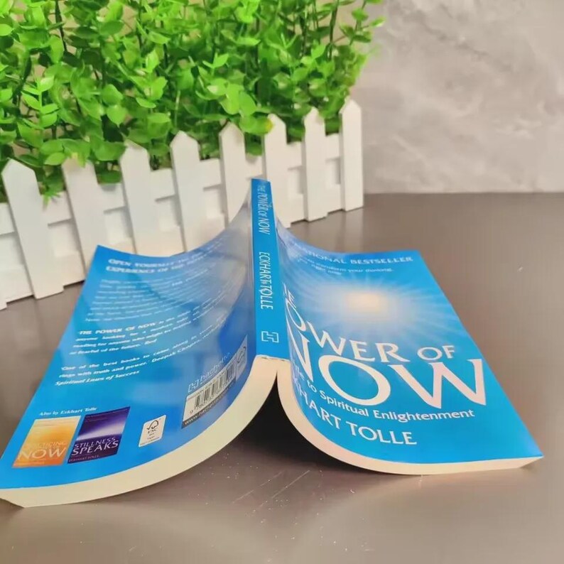 May include: An open book titled "The Power of Now" by Eckhart Tolle. The cover is blue with white text and a bright light design. The book is open, displaying the title and author.