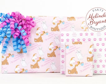 Personalized Kittens and Paw Prints Gift Wrap Set perfect for first birthday or baby shower and includes custom text