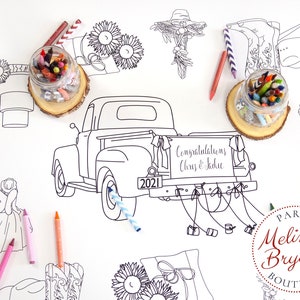 Rustikale Hochzeit im Landhausstil Kinderdekoration Malseite Tischläufer Ruhige Kinderaktivitäten Personalisiertes Cowboy-Thema Handwerk
