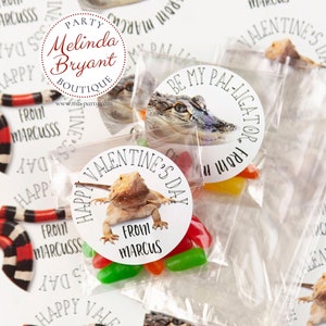 Feuilles d'autocollants personnalisées pour enfants sur le thème des reptiles de la Saint-Valentin, les options du kit incluent des sacs / cadeaux de fête dragon barbu lézards et serpents