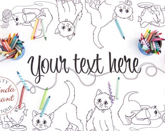 Personalized Kitty Cat Birthday Coloring Table Runner / Kitten Themed Activity Tablecloth for Kids Crafts Children&#39;s Party Games Play Room