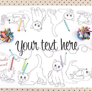 Könnte beinhalten: Eine Schwarzweiß-Malvorlage mit verschiedenen niedlichen Kätzchen. Die Vorlage ist für Kinder zum Ausmalen gedacht. Die Vorlage enthält den Text "Your text here" und ein Logo für Melinda Bryant Boutique.