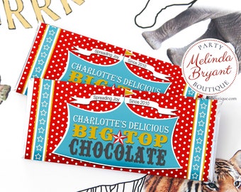 Circus Chocolate Candy Bar Wrapper Printed Swag Bag Treat / Big Top Party Vintage Themed Personalized Kids Birthday Custom Favors Decor