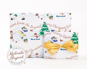 Personalized Christmas Gift Wrap Snowmen and Woodland Animals Sledding Party / Childrens Holiday Decorations / Family Gifts or Babys First