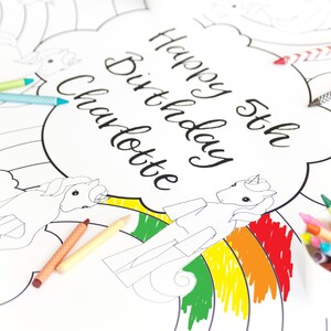 May include: A coloring page featuring a unicorn with a rainbow and the text "Happy 5th Birthday Charlotte".